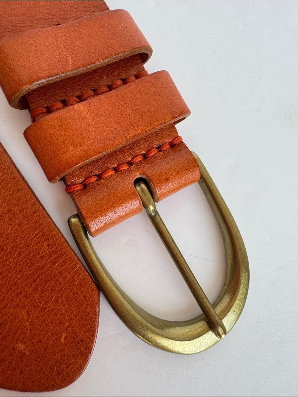 Johnny Farah Leather Belt Cognac Brown Vintage Look Brass Buckle M Quiet Luxury